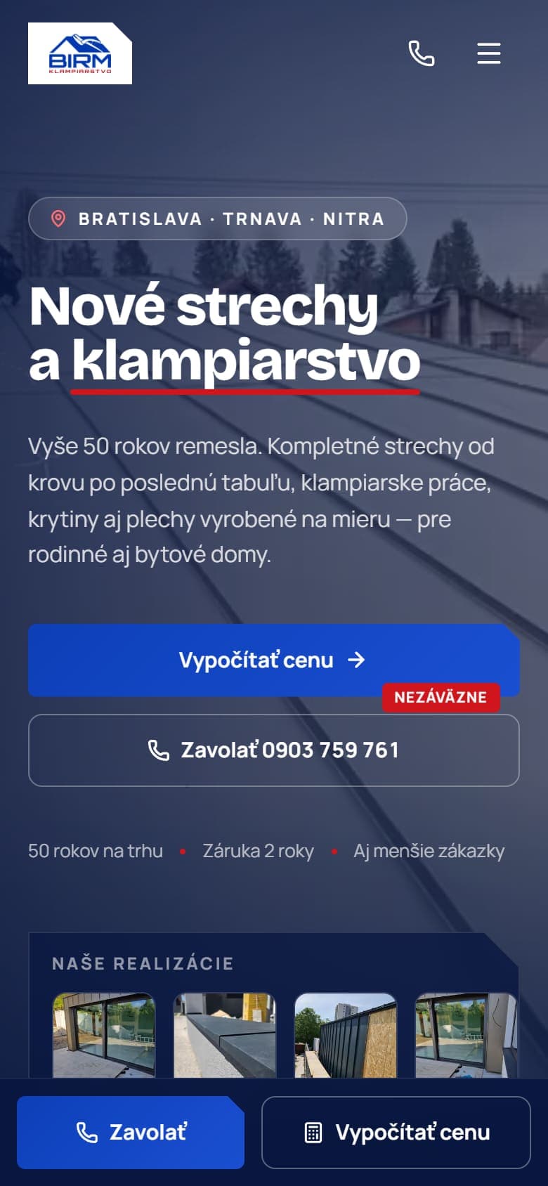 BIRM klampiarstvo — mobilná verzia webu