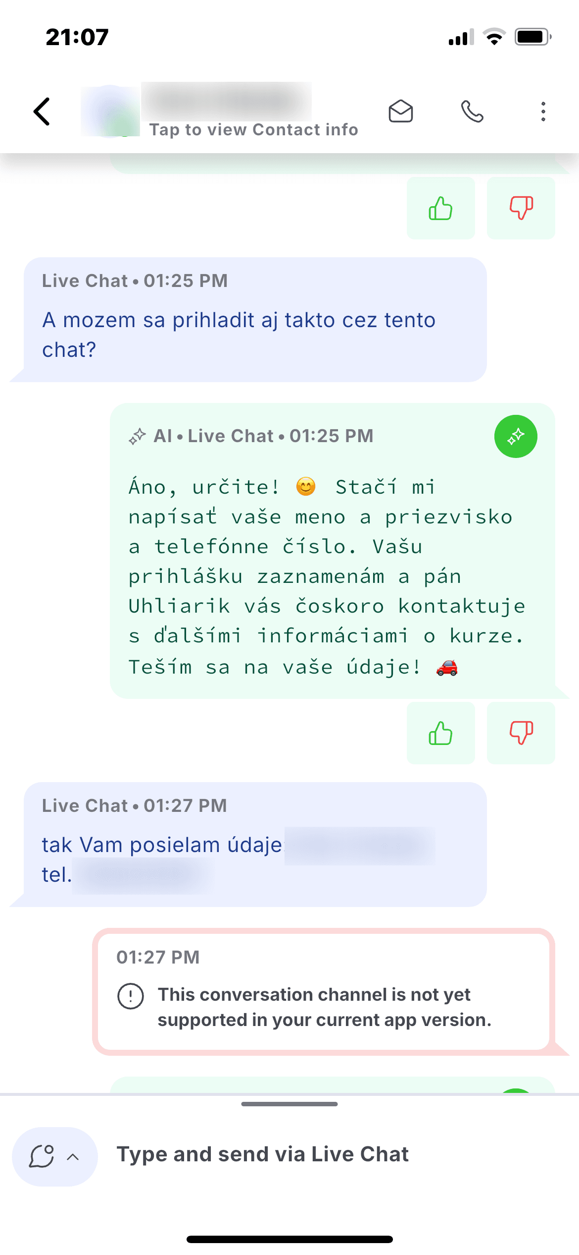 Konverzácia, v ktorej záujemca sám nechal kontakt