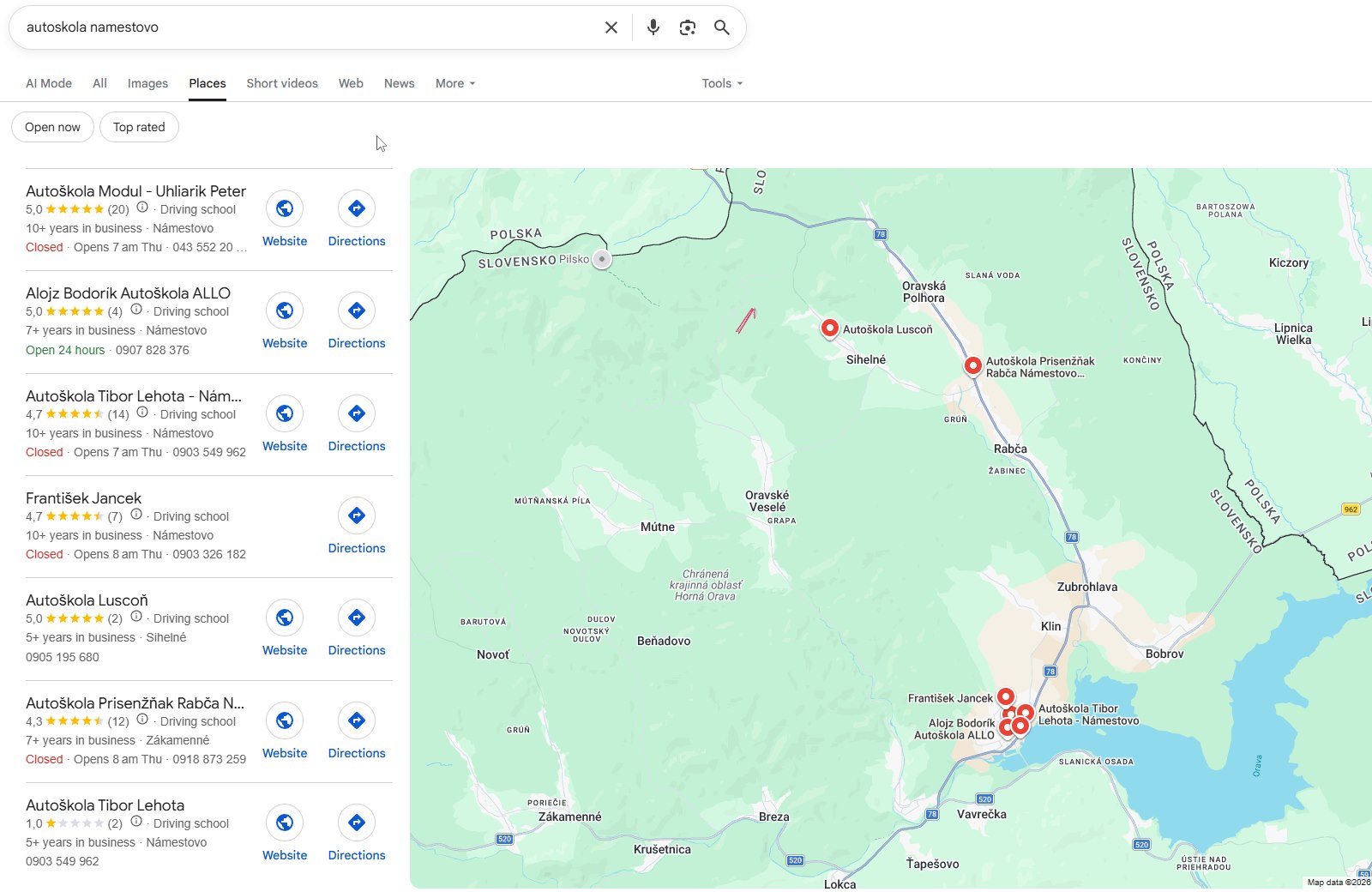 Výsledky Google pre „autoskola namestovo“ v Miestach: Autoškola Modul na prvom mieste