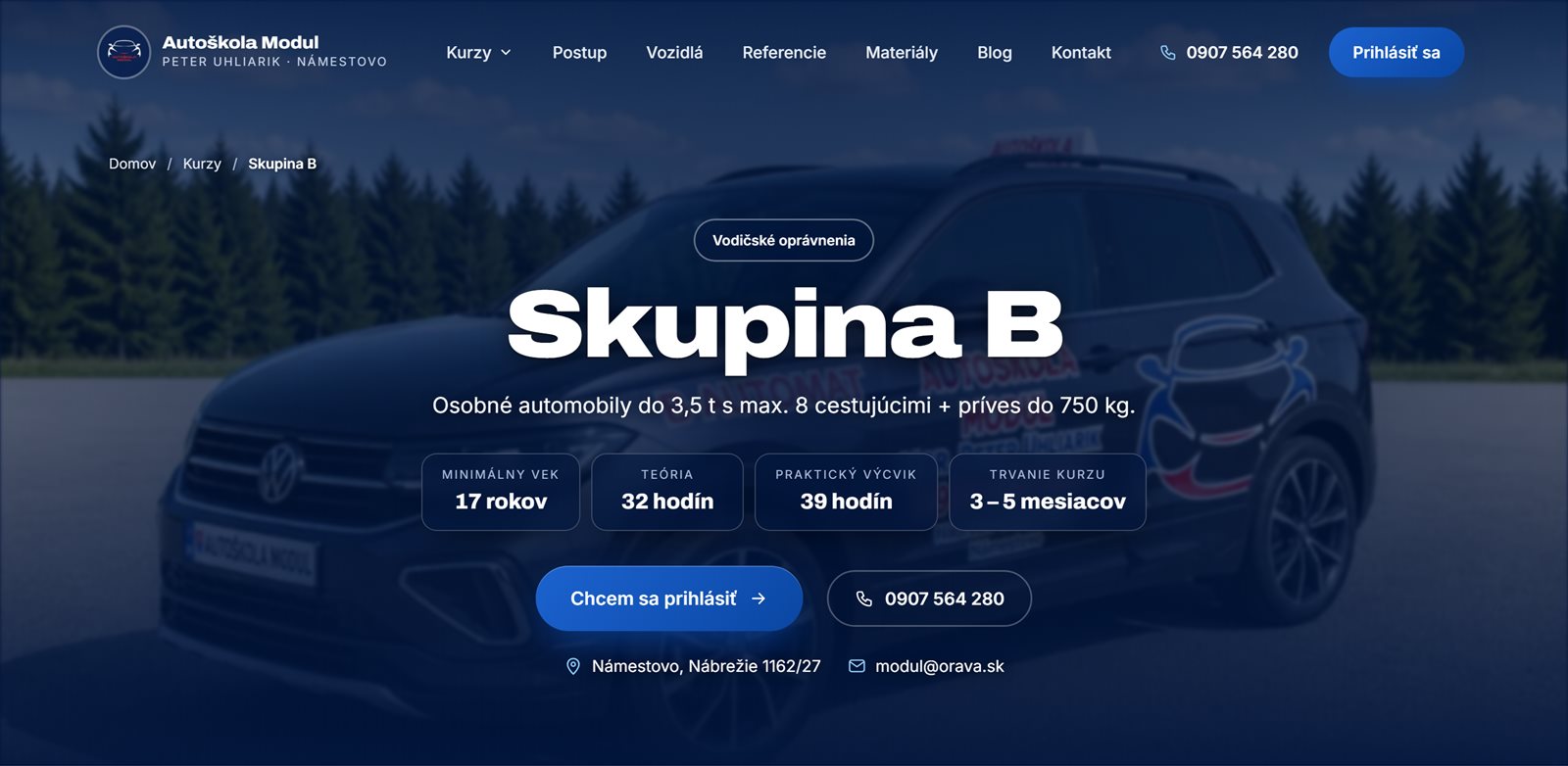 Stránka kurzu skupiny B na autoskolamodul.sk