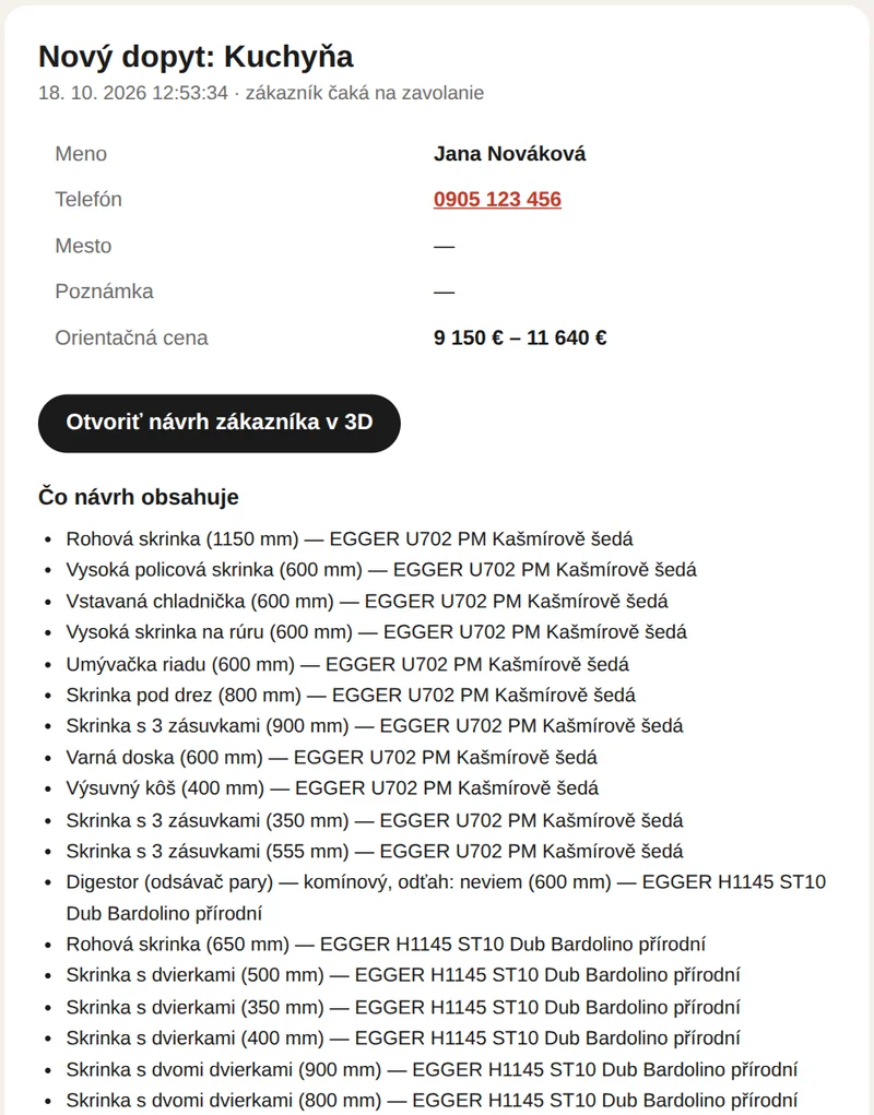 Skutočný e-mail s dopytom: kontakt, orientačná cena, tlačidlo na 3D návrh a zoznam skriniek
